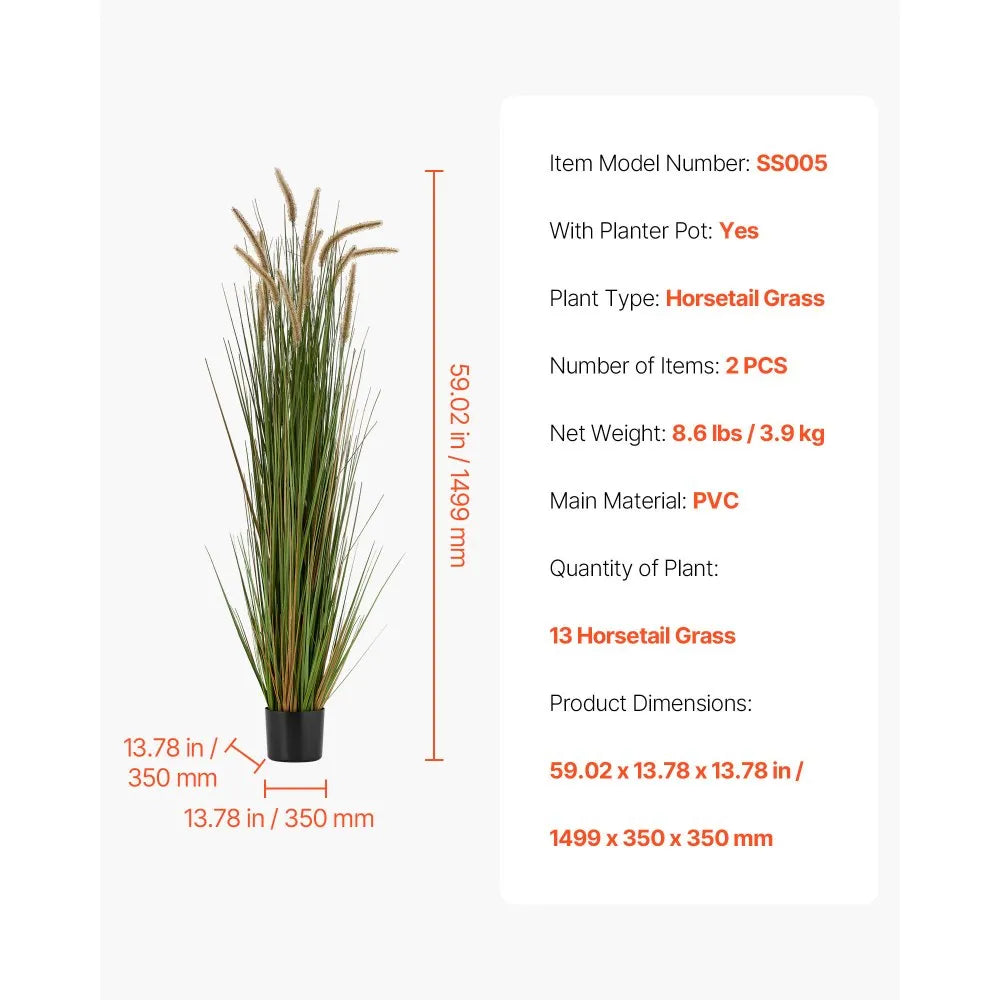 VEVOR Artificial Grass Plant, 2 Pack 59 inch Horsetail Reed Grass in Pot, Premium PVC Faux Fake Greenery Shrubs Plant for Indoor Outdoor House Home Garden Office Room Décor, Housewarming, Green