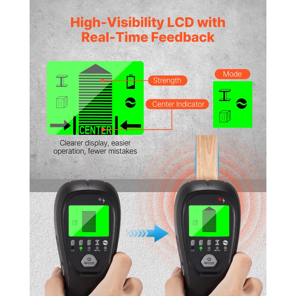 VEVOR Stud Finder Wall Scanner, 5 in 1, Electronic Wall Stud Detector with Smart Sensor, High-Definition LCD Display and Audio Alarm, for the Center and Edge of Metal, AC Wire, Joists, Pipes, Black