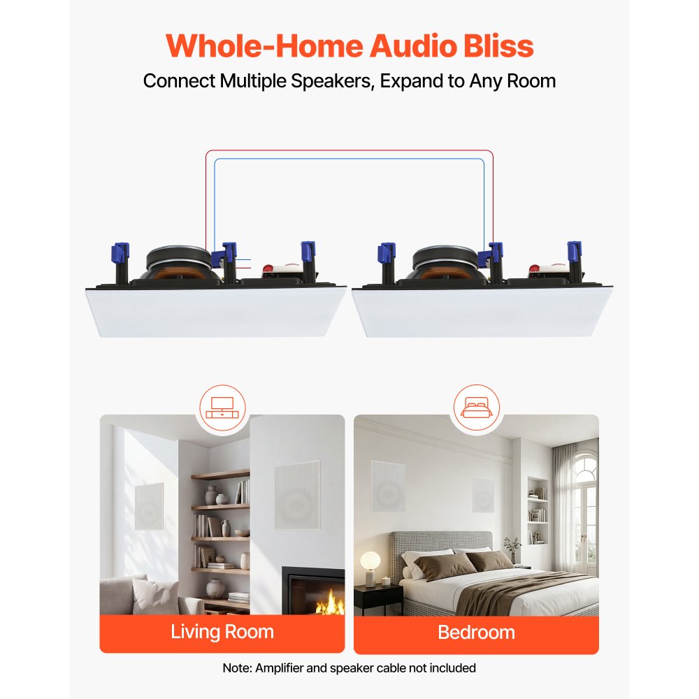 VEVOR In-Wall Speakers, 8", In Wall Speaker System with Paintable Grille, Hi-Fi Sound, 200W Peak, 2-Way Rectangular Speakers, for Damp Humid Indoor Placement, Bath, Kitchen, Covered Porches, 1 Pair