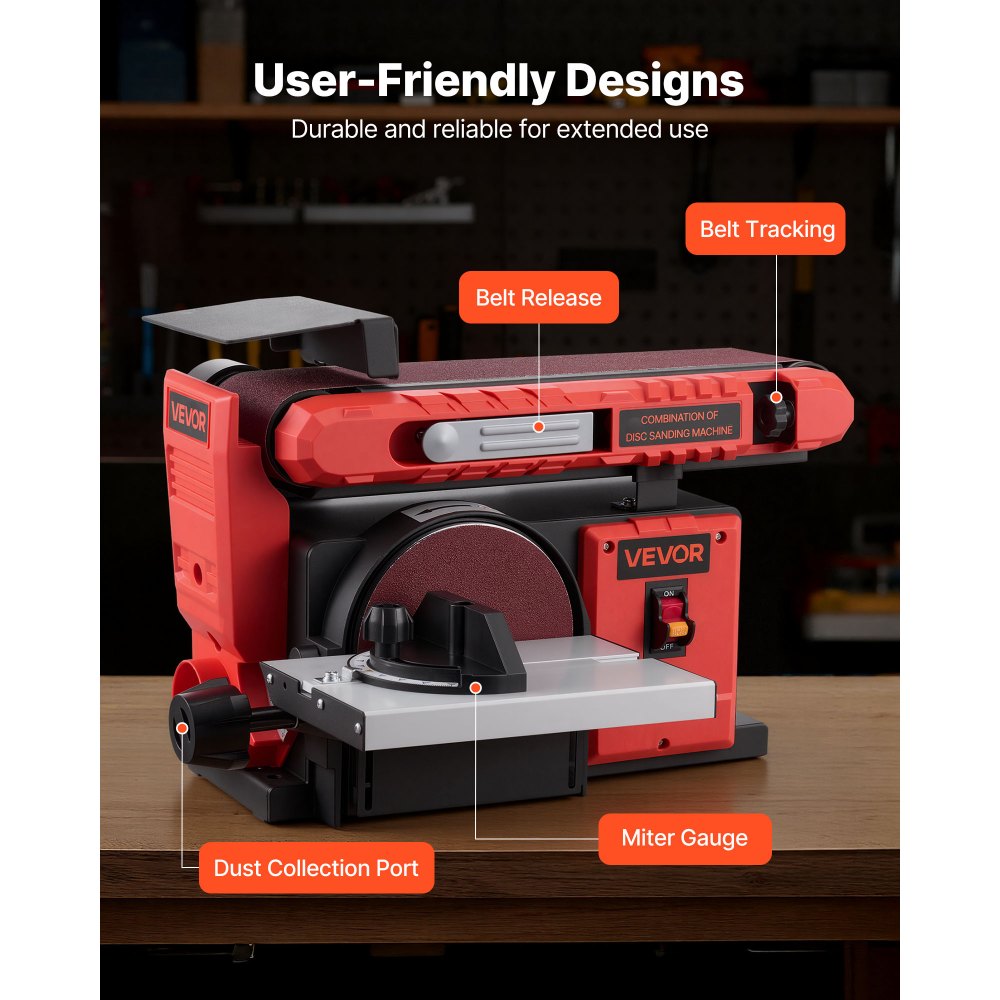 VEVOR 6" Disc Sander & 4" x 36" Belt Sander, 400W Professional Belt Disc Sanders Combo with 0 - 45° Adjustable Worktable & Dust Collection Port for Woodworking, Knife Sharpening, DIY Crafting