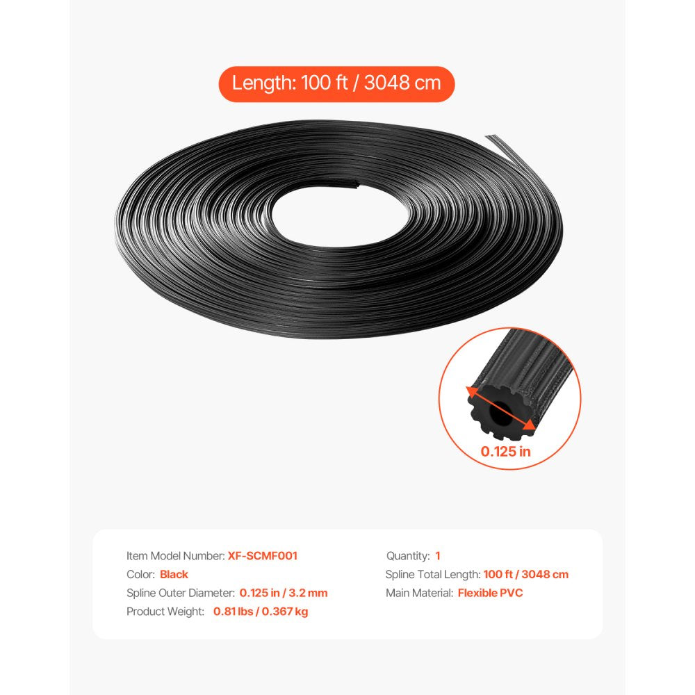 VEVOR Window Screen Spline, 100 ft x 0.125 in Window Screen Retainer Spline, PVC Window and Door Screen Spline, Hollow Serrated Screen Holder Spline, for Window Door Screen Repair and Replacement