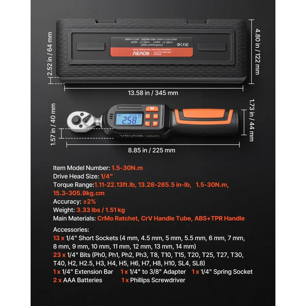 VEVOR Torque Wrench Set 1/4" Drive 42-Piece Digital Torque Wrench 4 Units, ±2% Accuracy, LCD Screen, with Buzzer and LED Indicator, with Sockets, Bits, Extension Bar, Adapter, for Automotive Repair