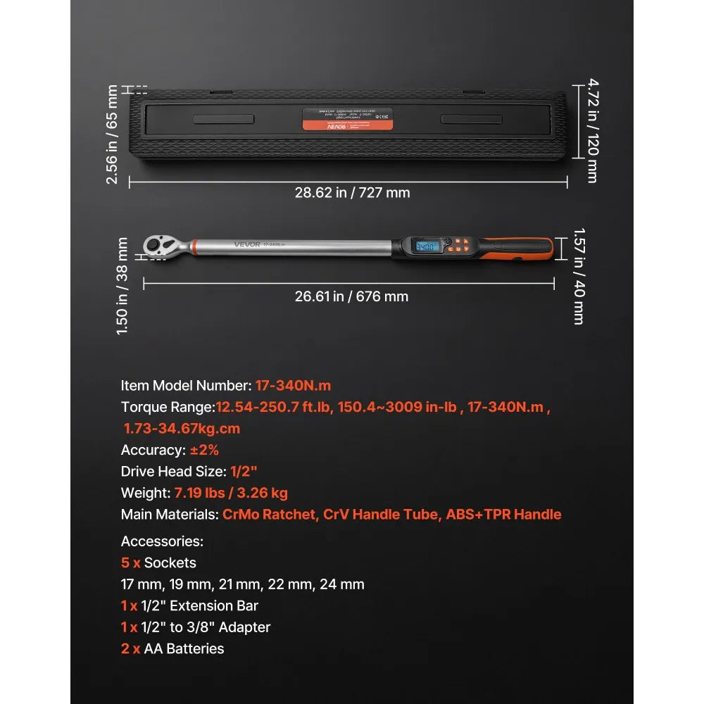 VEVOR Torque Wrench Set 1/2" Drive Digital Torque Wrench 4 Display Units, ±2% Accuracy, LCD Screen, with Buzzer and LED Indicator, with Sockets, Extension Bar, Adapter, for Automotive Repair