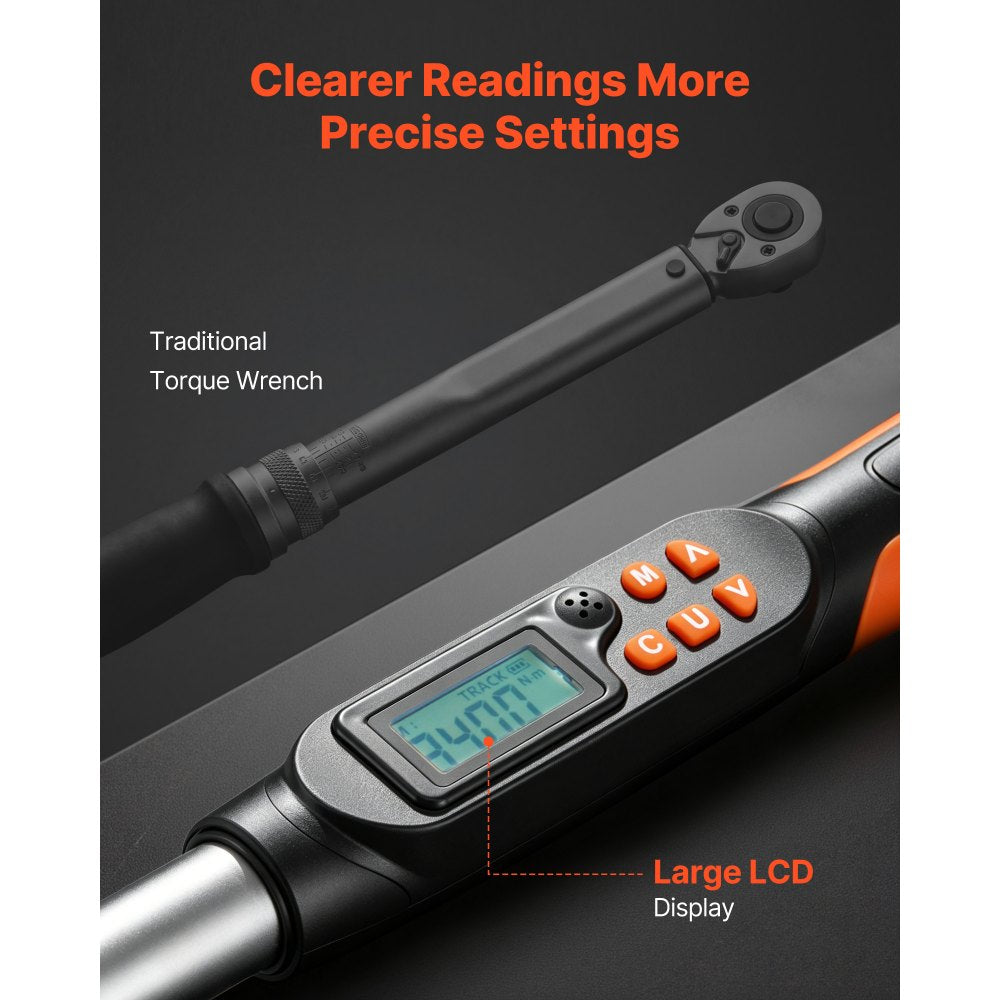 VEVOR Torque Wrench Set 1/2" Drive Digital Torque Wrench 4 Display Units, ±2% Accuracy, LCD Screen, with Buzzer and LED Indicator, with Sockets, Extension Bar, Adapter, for Automotive Repair