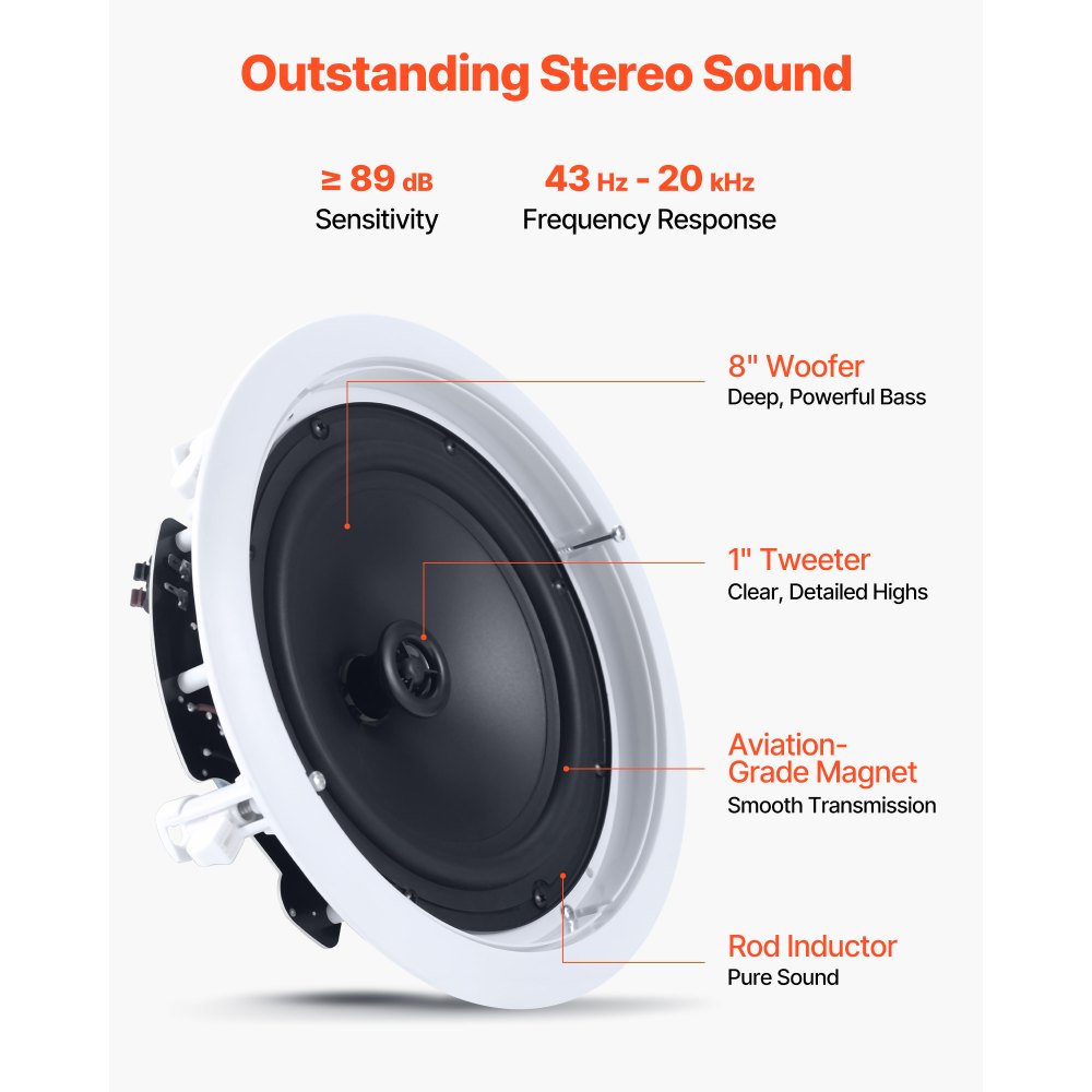 VEVOR In Ceiling Speakers, 8", In-Ceiling & In-Wall Speaker System, Hi-Fi Sound, 150W Peak, 2-Way Flush Mount Speakers, for Damp Humid Placement, Home Theater, Living Room, or Covered Patio, 1 Pair