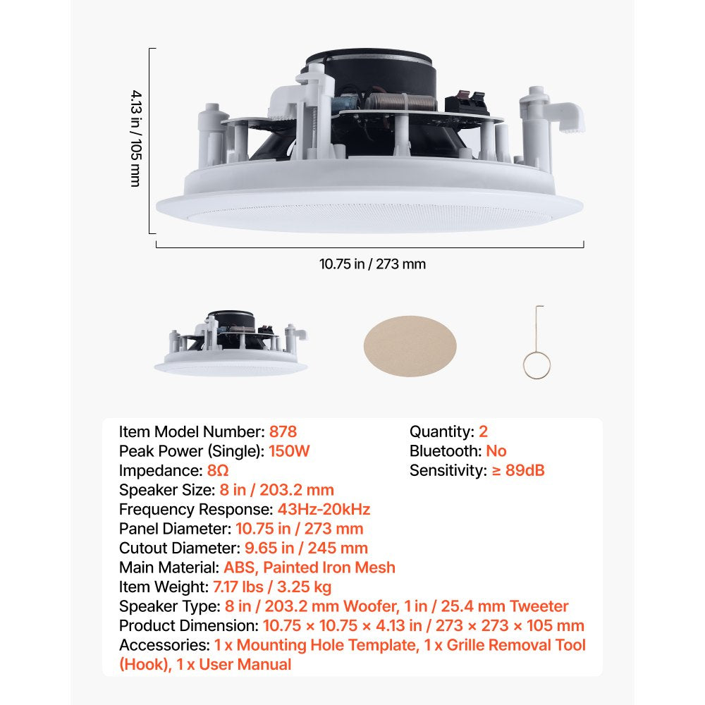 VEVOR In Ceiling Speakers, 8", In-Ceiling & In-Wall Speaker System, Hi-Fi Sound, 150W Peak, 2-Way Flush Mount Speakers, for Damp Humid Placement, Home Theater, Living Room, or Covered Patio, 1 Pair