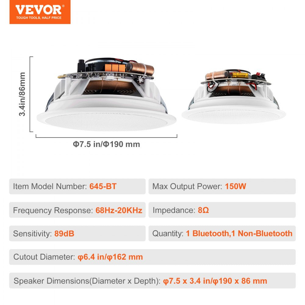 VEVOR 2 PCs 6.5'' Bluetooth in Ceiling Speakers, 150W, Flush Mount Ceiling & in-Wall Speaker System with 8ΩImpedance 89dB Sensitivity, for Home Kitchen Living Room Bedroom or Covered Outdoor Porches