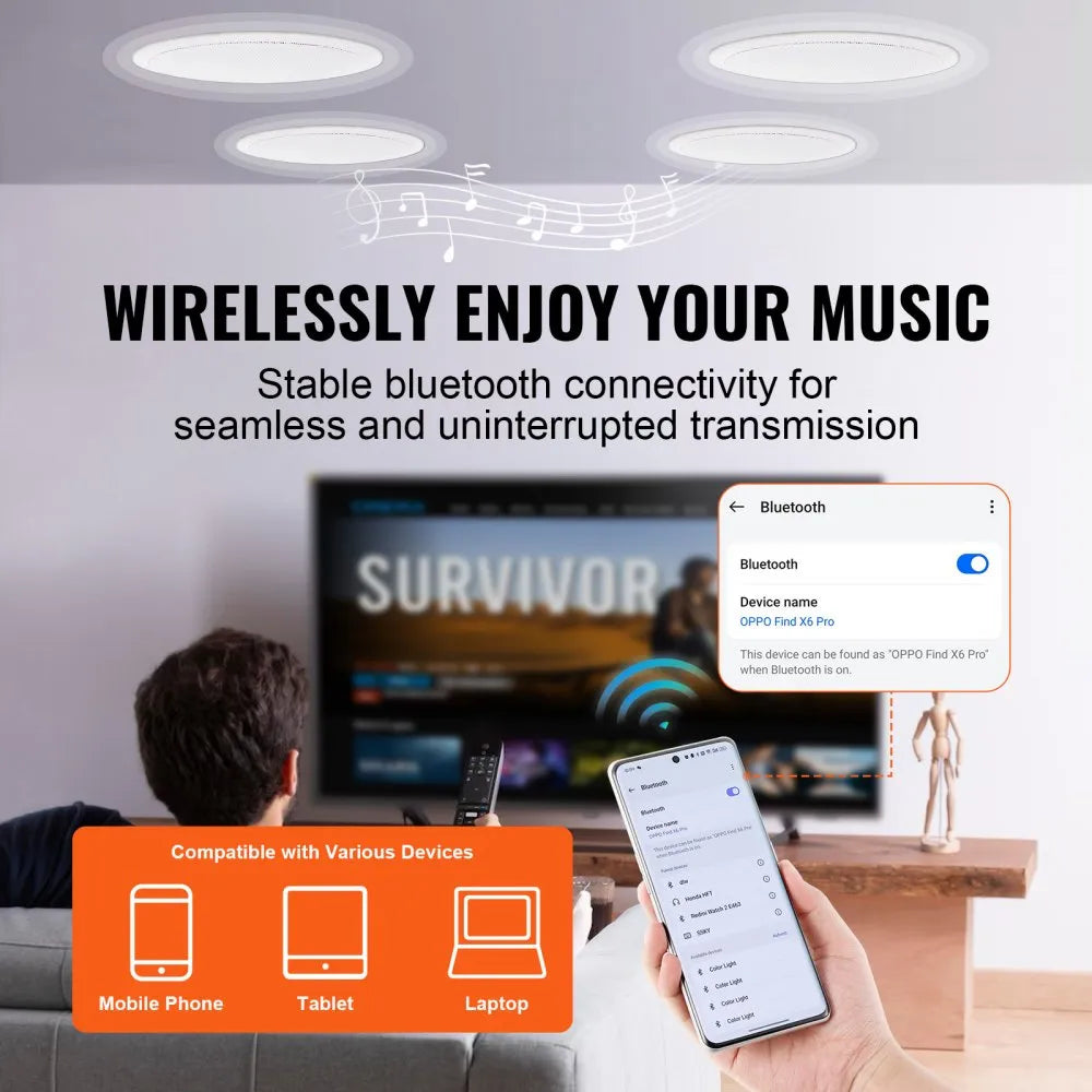 VEVOR 4 PCs 6.5'' Bluetooth in Ceiling Speakers, 150W, Flush Mount Ceiling & in-Wall Speaker System with 8ΩImpedance 89dB Sensitivity, for Home Kitchen Living Room Bedroom or Covered Outdoor Porches