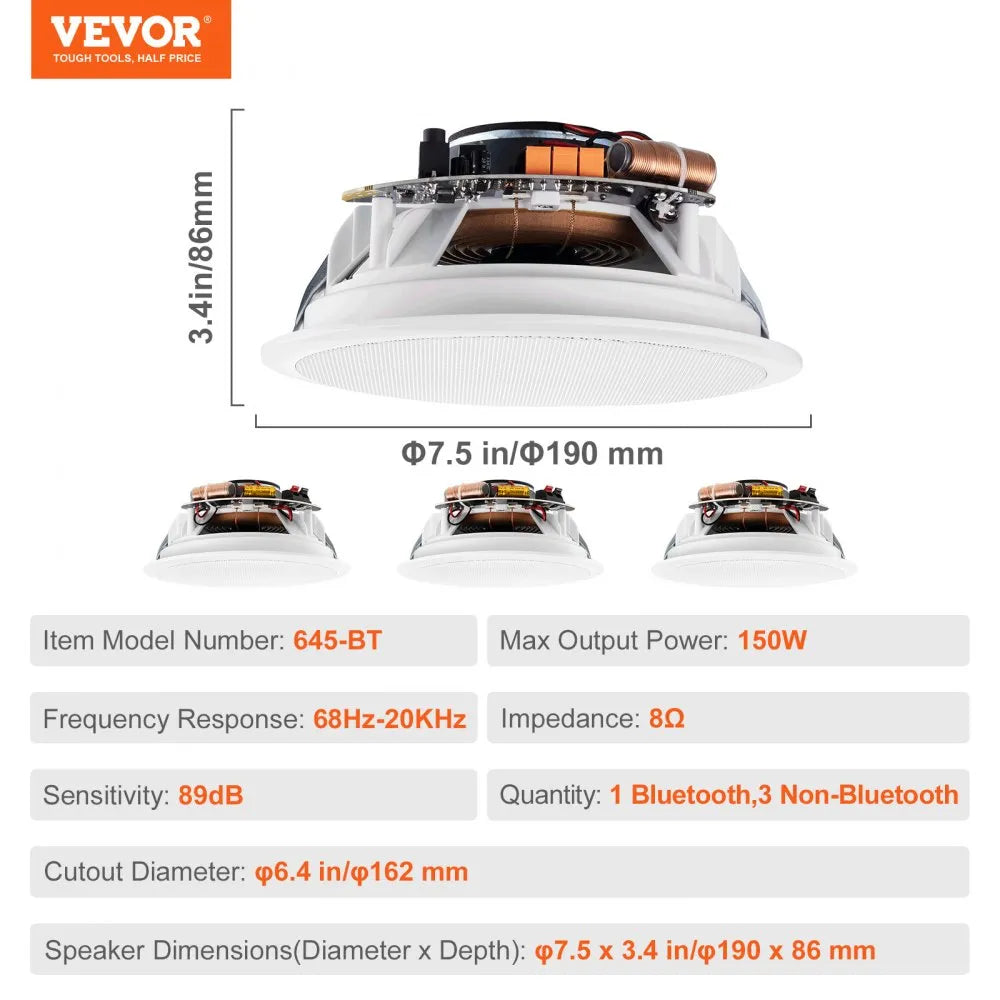 VEVOR 4 PCs 6.5'' Bluetooth in Ceiling Speakers, 150W, Flush Mount Ceiling & in-Wall Speaker System with 8ΩImpedance 89dB Sensitivity, for Home Kitchen Living Room Bedroom or Covered Outdoor Porches