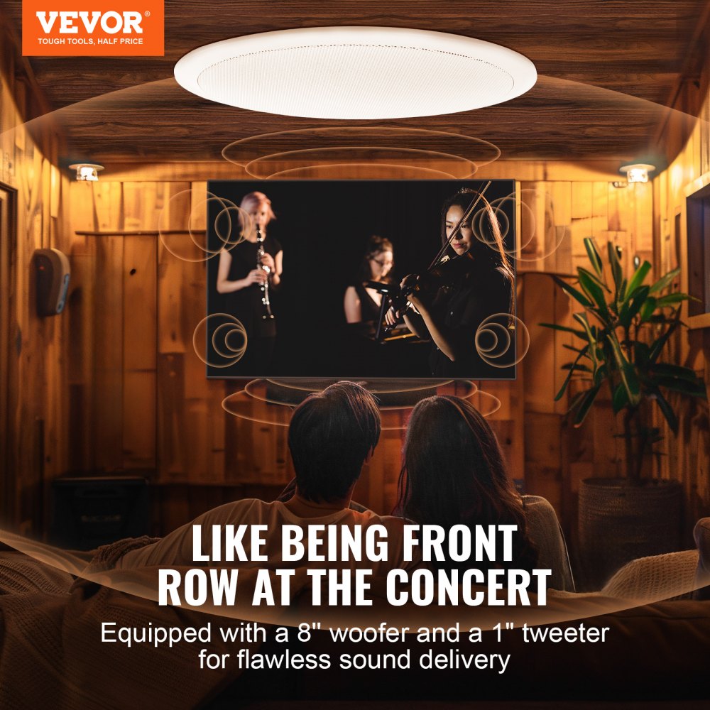 VEVOR 8 Inch in Ceiling Speakers, 200-Watts, Flush Mount Ceiling & in-Wall Speakers System with 8ΩImpedance 89dB Sensitivity, for Home Kitchen Living Room Bedroom or Covered Outdoor Porches, Single
