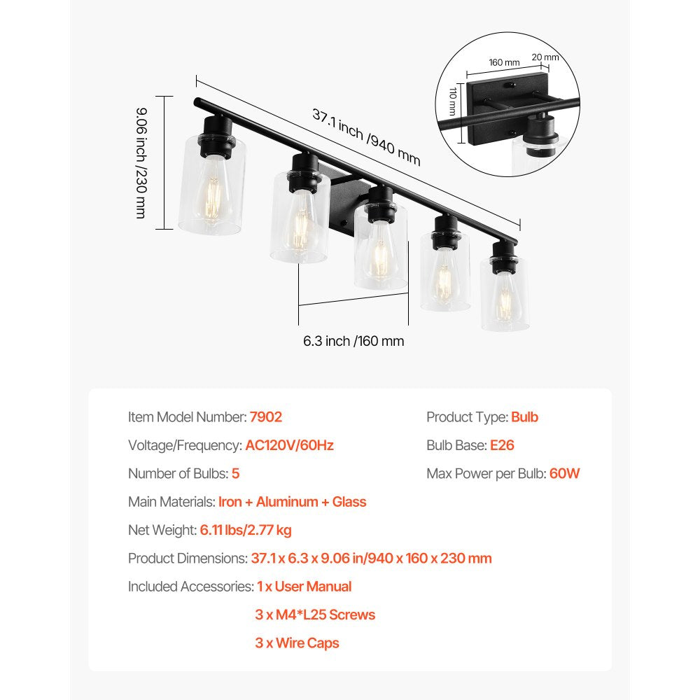 VEVOR 5-Light Bathroom Vanity Lights, 37.1-Inch, Modern Light Fixtures Above Mirror with Clear Glass Shade, 60W, Wall Lighting for Bathroom, Living Room, Bedroom, Hallway, E26 Base (Bulbs Not Included)
