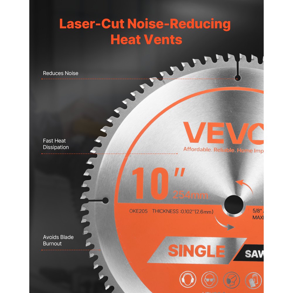 VEVOR Circular Saw Blade, 10 inch Diameter, 80 Sharp Alloy Teeth, 5/8 inch Arbor, Fine Finish, Aluminum Cutting Blade for Circular Saw, with Noise-Reducing Heat Vents, for Cutting Steel and Metal