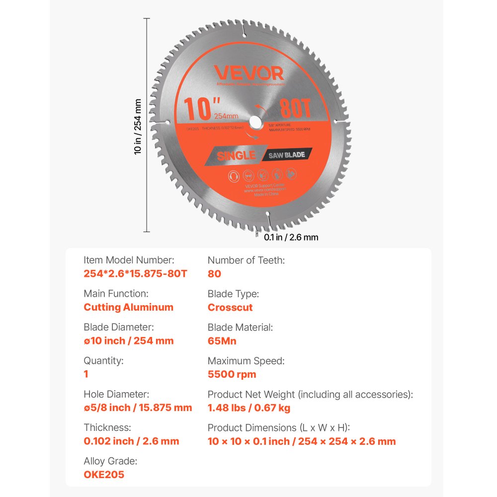 VEVOR Circular Saw Blade, 10 inch Diameter, 80 Sharp Alloy Teeth, 5/8 inch Arbor, Fine Finish, Aluminum Cutting Blade for Circular Saw, with Noise-Reducing Heat Vents, for Cutting Steel and Metal
