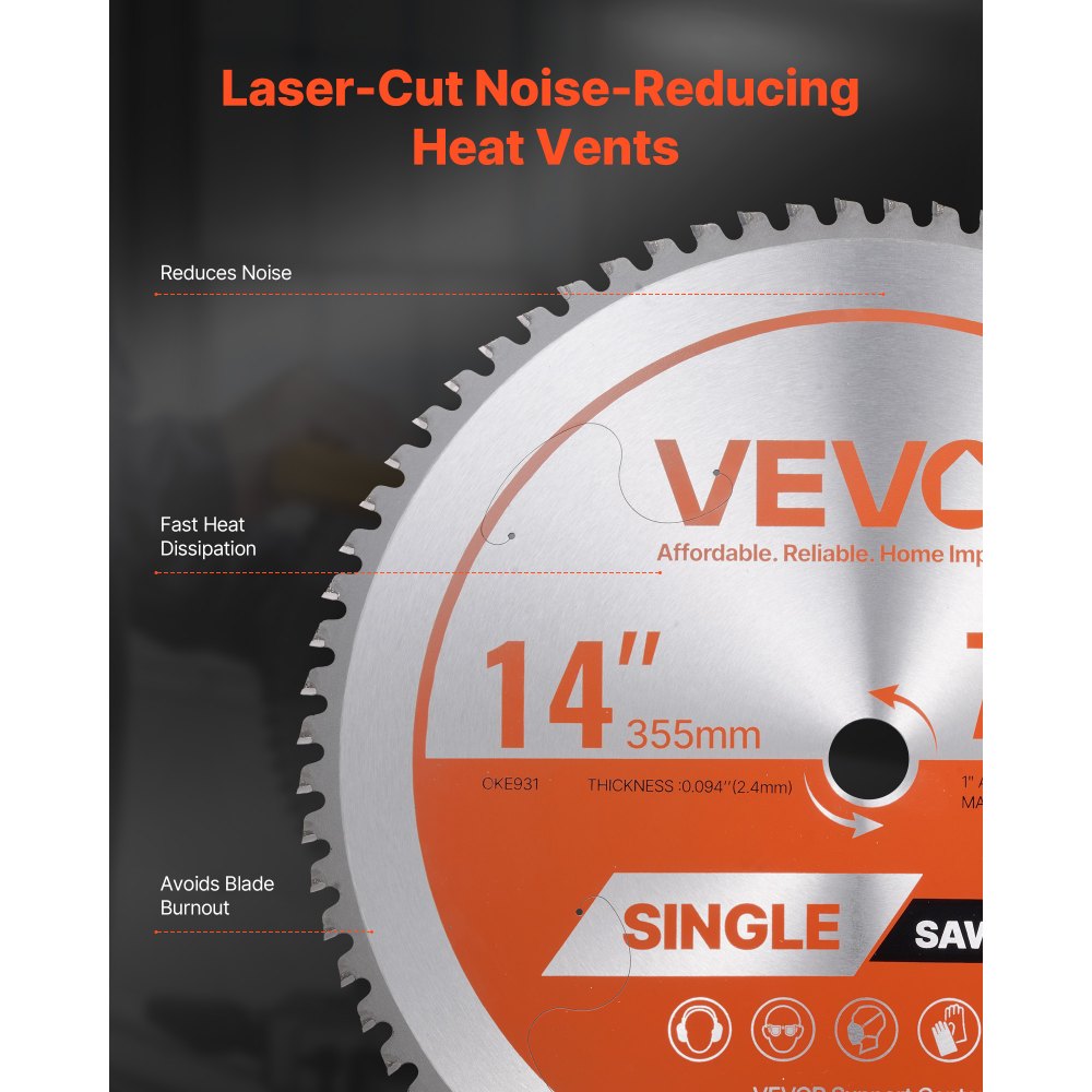 VEVOR Circular Saw Blade, 14 inch Diameter, 72 Sharp Alloy Teeth, 1 inch Arbor, Fine Finish, Metal Cutting Blade for Circular Saw, with Noise-Reducing Heat Vents, for Cutting Steel and Aluminum