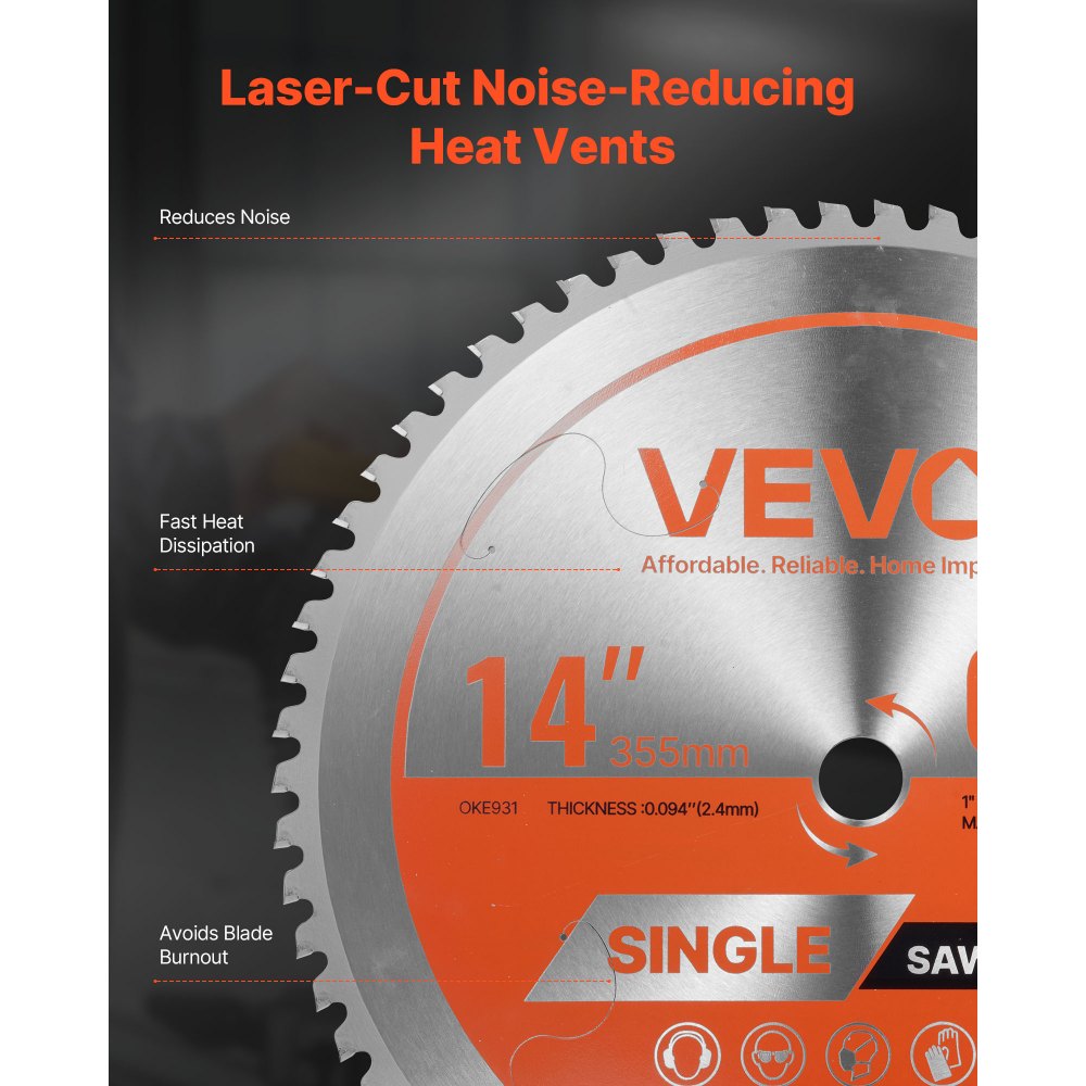 VEVOR Circular Saw Blade, 14 inch Diameter, 66 Sharp Alloy Teeth, 1 inch Arbor, Fine Finish, Metal Cutting Blade for Circular Saw, with Noise-Reducing Heat Vents, for Cutting Steel and Aluminum