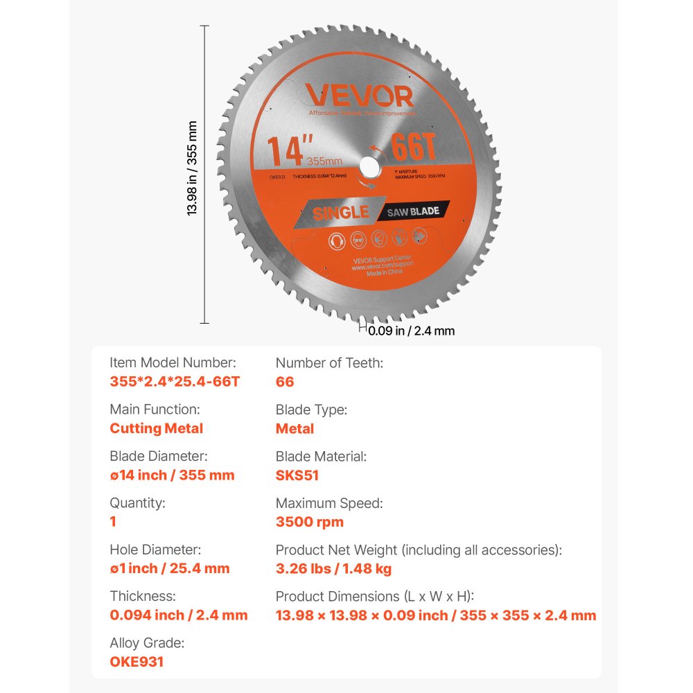 VEVOR Circular Saw Blade, 14 inch Diameter, 66 Sharp Alloy Teeth, 1 inch Arbor, Fine Finish, Metal Cutting Blade for Circular Saw, with Noise-Reducing Heat Vents, for Cutting Steel and Aluminum