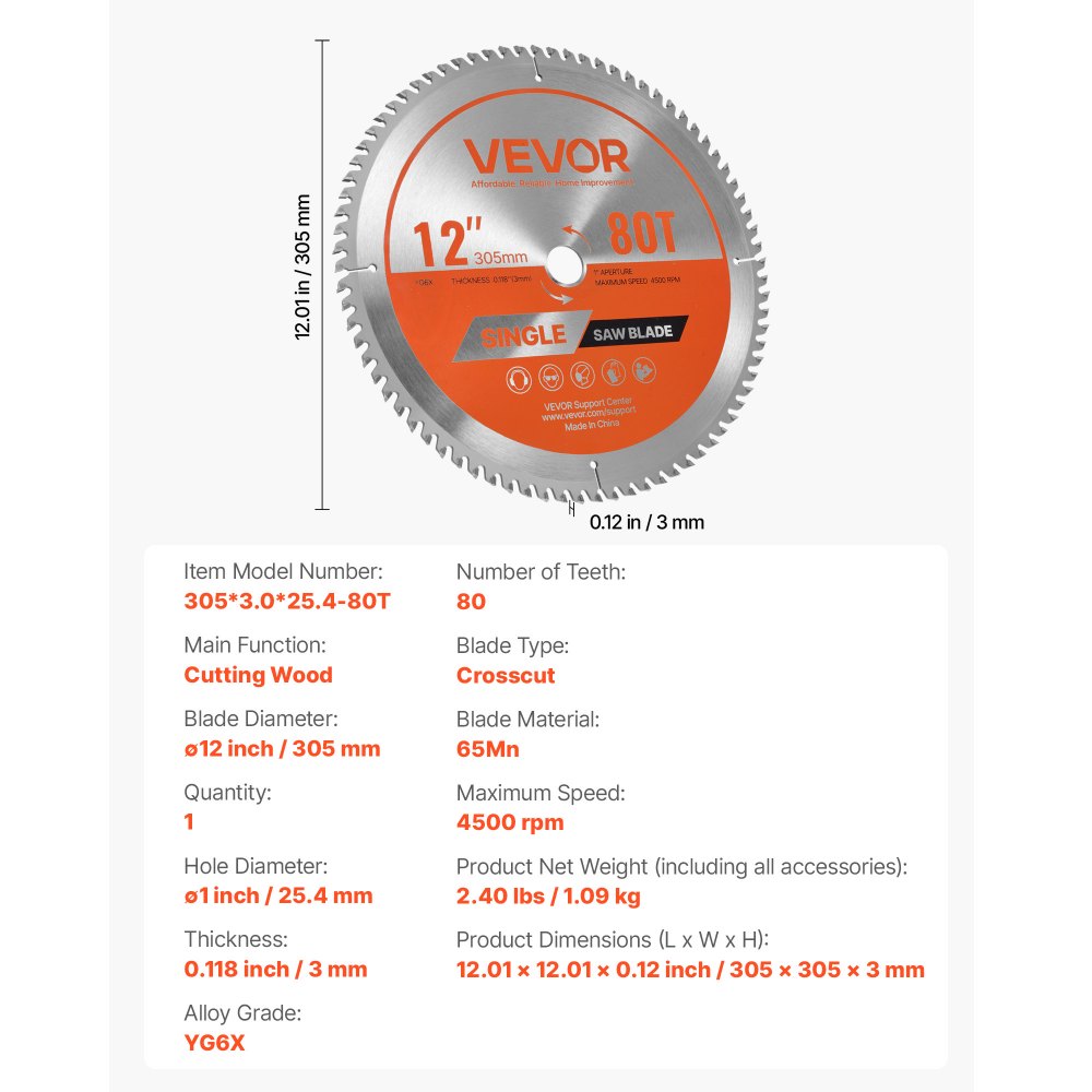 VEVOR Circular Saw Blade, 12 inch Diameter, 80 Sharp Alloy Teeth, 1 inch Arbor, Fine Finish, Wood Cutting Blade for Circular Saw, with Noise-Reducing Heat Vents, for Cutting Plywood, OSB, Hardwood