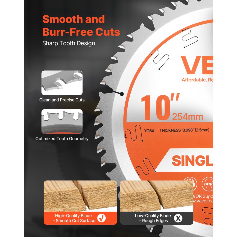 VEVOR Circular Saw Blade, 10 inch Diameter, 50 Sharp Alloy Teeth, 5/8 inch Arbor, Fine Finish, Wood Cutting Blade for Circular Saw, with Noise-Reducing Heat Vents, for Cutting Plywood, OSB, Hardwood