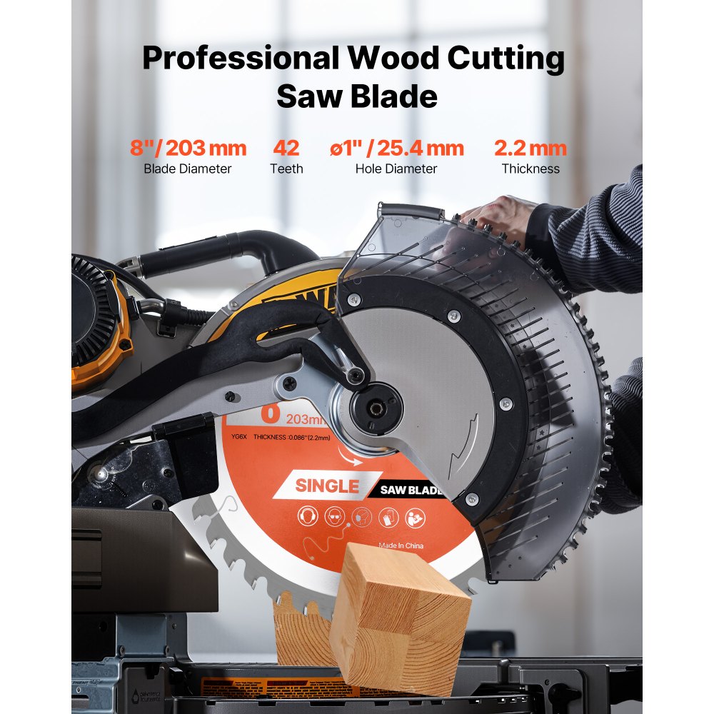 VEVOR Circular Saw Blade, 8 inch Diameter, 42 Sharp Alloy Teeth, 1 inch Arbor, Fine Finish, Wood Cutting Blade for Circular Saw, with Noise-Reducing Heat Vents, for Cutting Plywood, OSB, and Hardwood