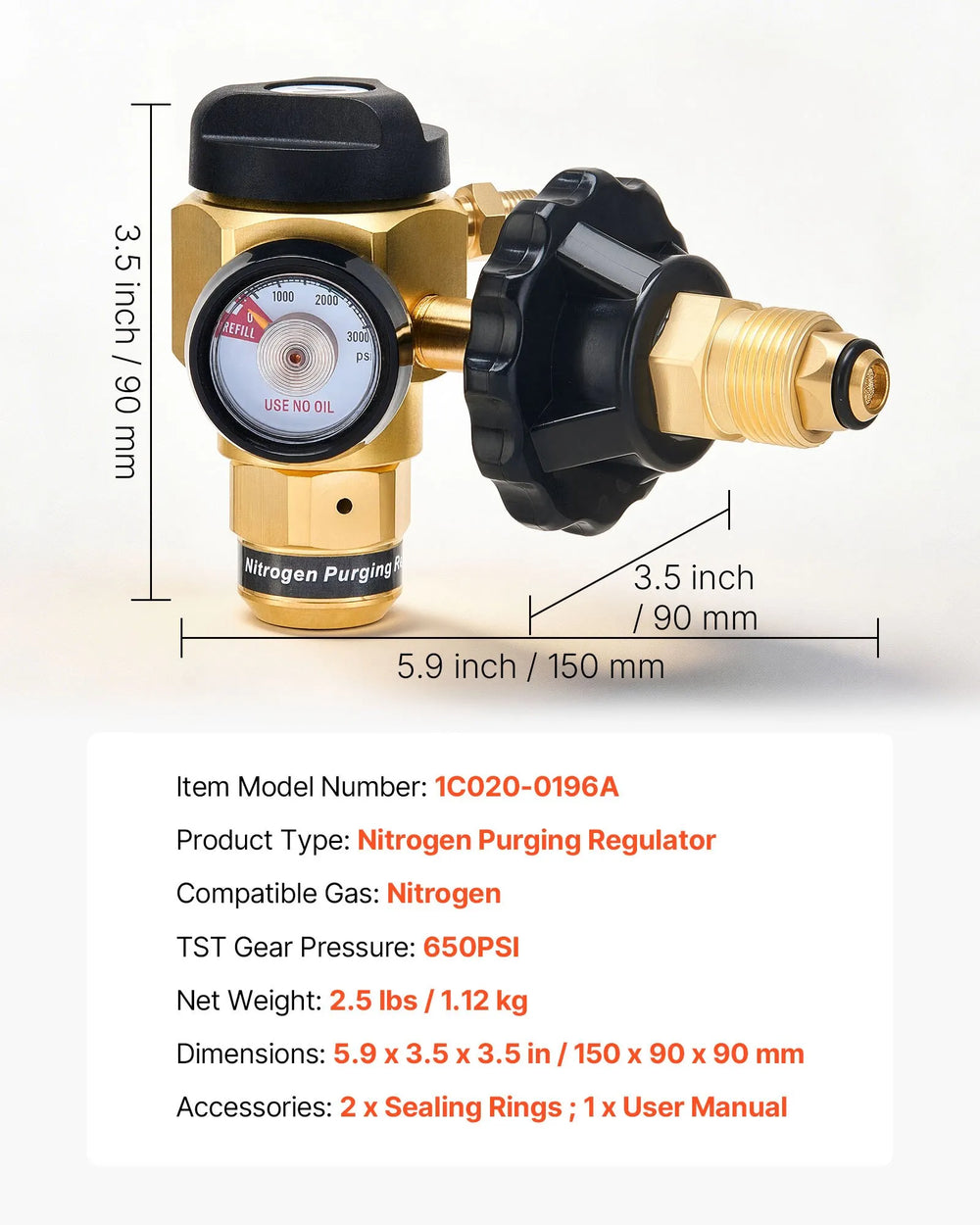 VEVOR Nitrogen Purging Regulator, Nitrogen Purge Control Valve with 650PSI Test Pressure, 4-Position Flow Control (TST/PRG/BRZ/OFF) for Brazing, Pipeline Purging, Leak Checking & Pressure Testing