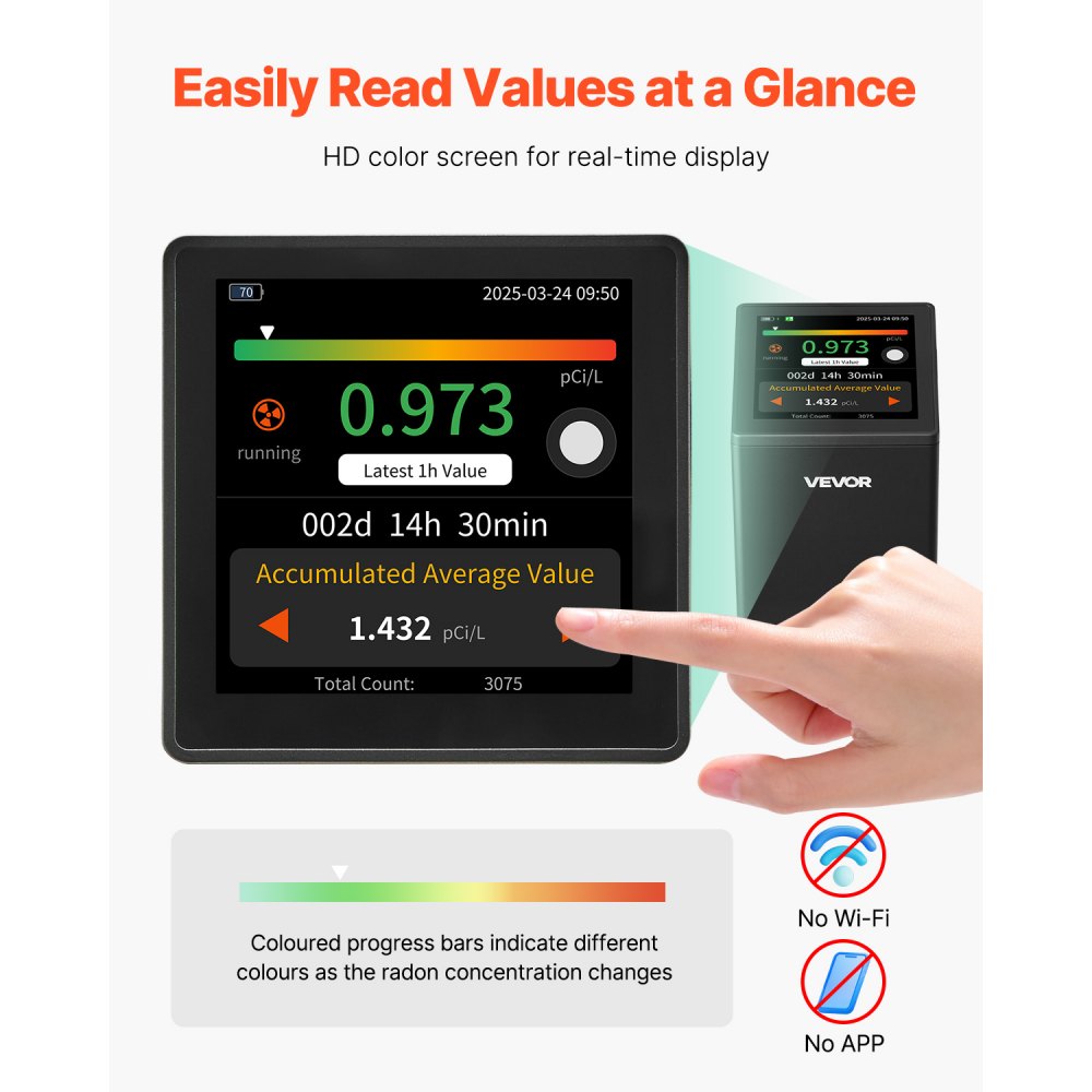 Home Radon Meter Detector 2Bq to 20kBq/m³ Rechargeable Color LCD Display