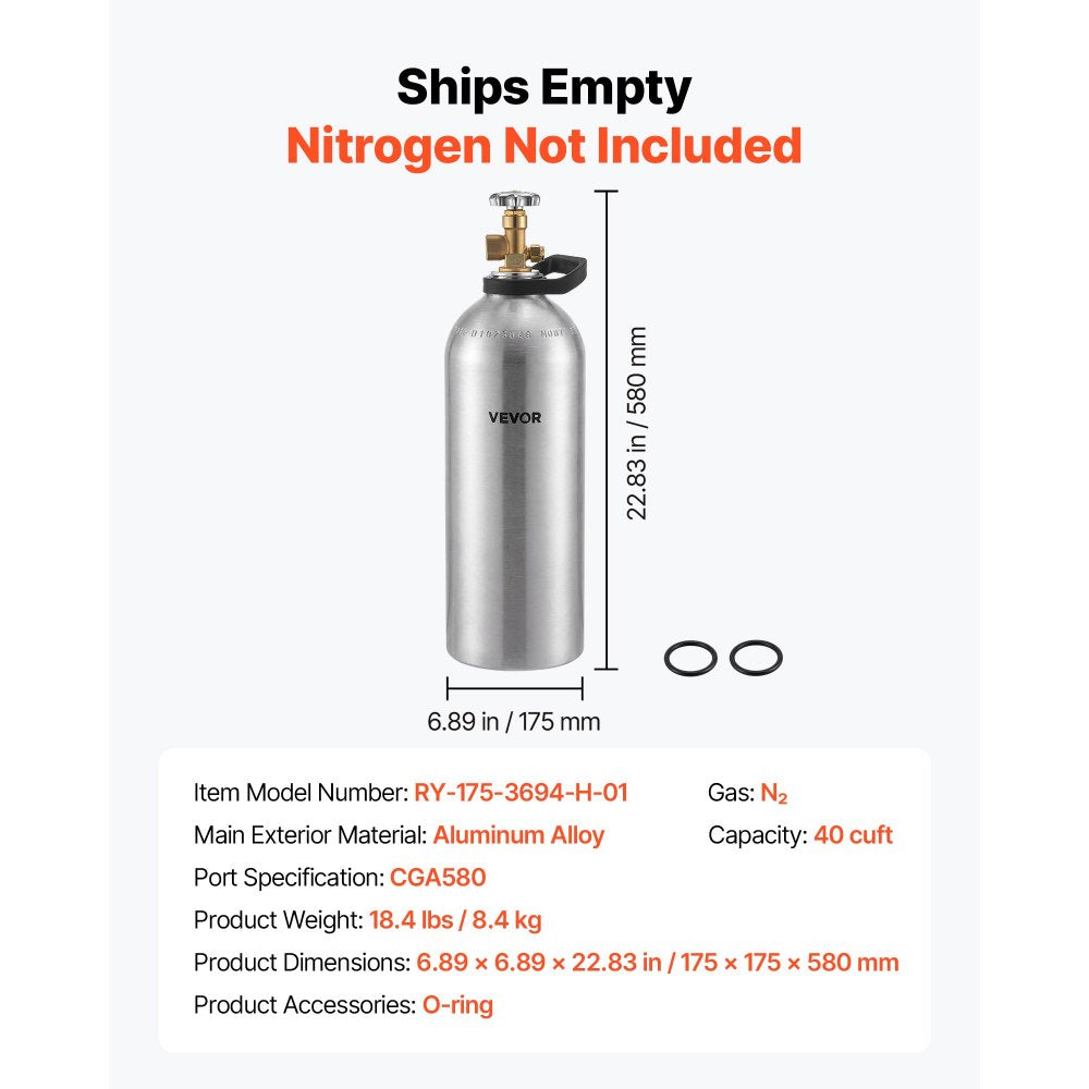 VEVOR 40 Cu. Ft DOT Nitrogen Cylinder Aluminum Alloy Air Tank (Ships Empty), High-Strength Aluminum Alloy 6061-T6 Cylinder with CGA-580 Valve & Handle, for Manufacturing, Welding, Beverage Production