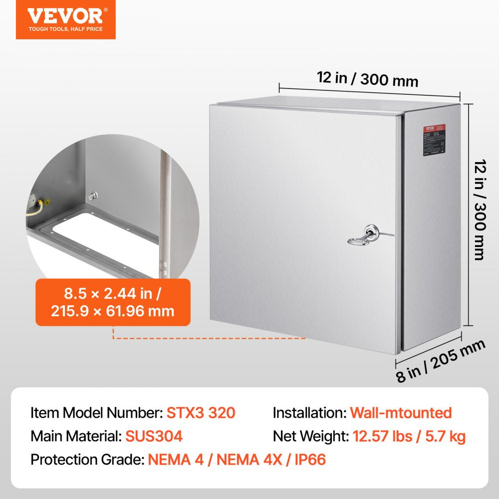 VEVOR NEMA Stainless Steel Enclosure, 12 x 12 x 8\'\' NEMA 4X Steel Electrical Box, IP66 Waterproof & Dustproof, Outdoor/Indoor Electrical Junction Box, with Mounting Plate