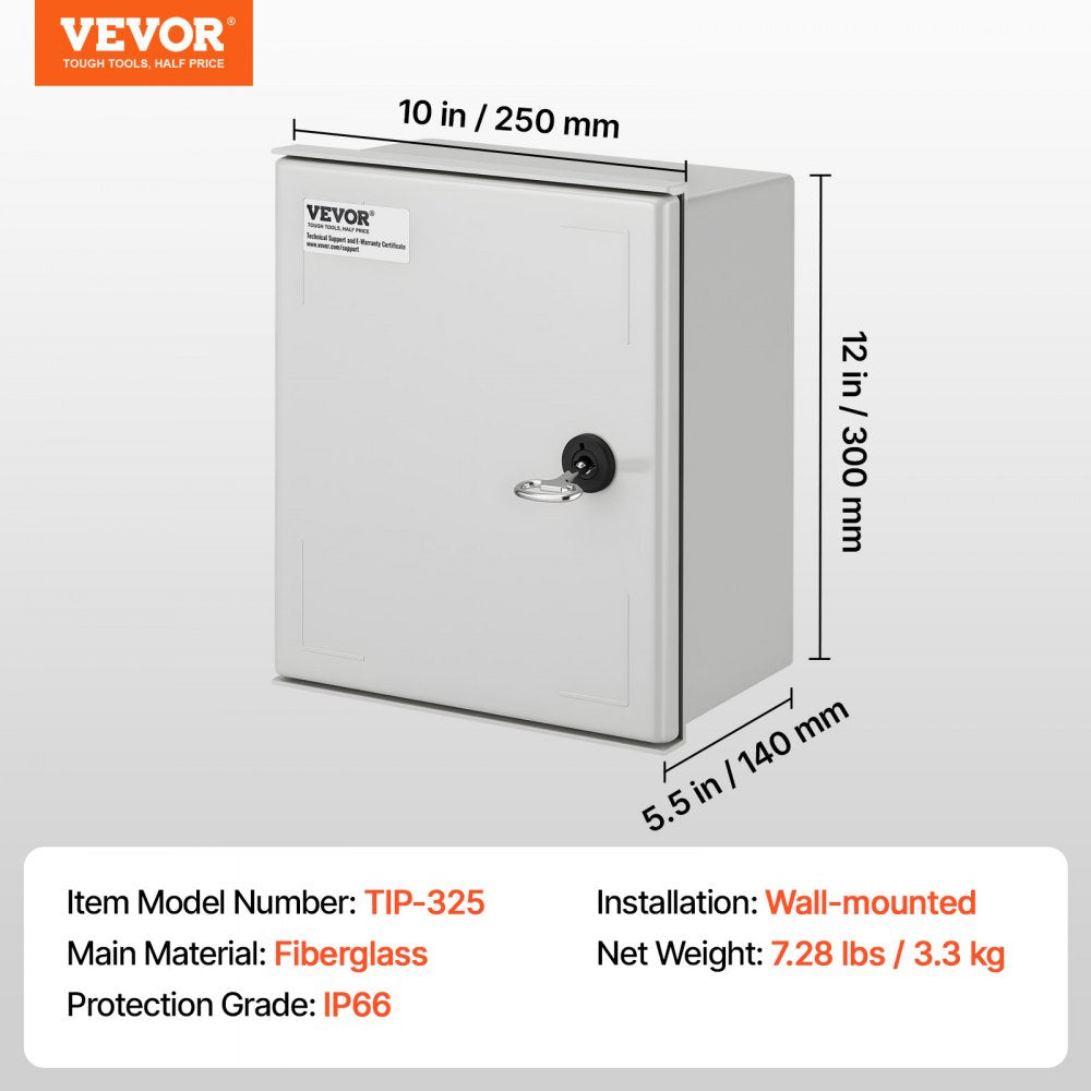 VEVOR NEMA Electric Box, 12x10x6'' NEMA 4X Fiberglass Electric Enclosure, IP66 Water & Dust Resistant, Suitable for Both Outdoor & Indoor Use, Includes Mounting Plate (30x25x14 cm)