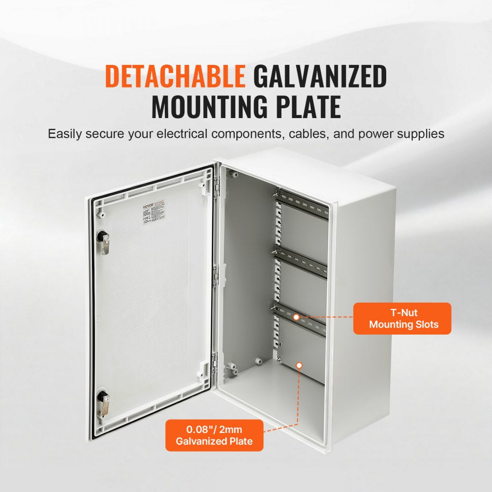 VEVOR NEMA Steel Enclosure, 24 x 16 x 9\'\' NEMA 4X Fiberglass Electrical Box, IP66 Waterproof & Dustproof, Outdoor/Indoor Electrical Junction Box, with Mounting Plate(60 x 40 x 23 cm)