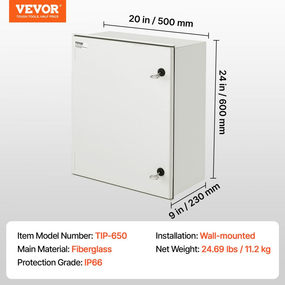 VEVOR NEMA Steel Case, 24x20x9'' NEMA 4X Fiberglass Electric Enclosure, IP66 Water & Dust Resistant, Suitable for Both Outdoor & Indoor Use, Includes Mounting Plate (60x50x23 cm)