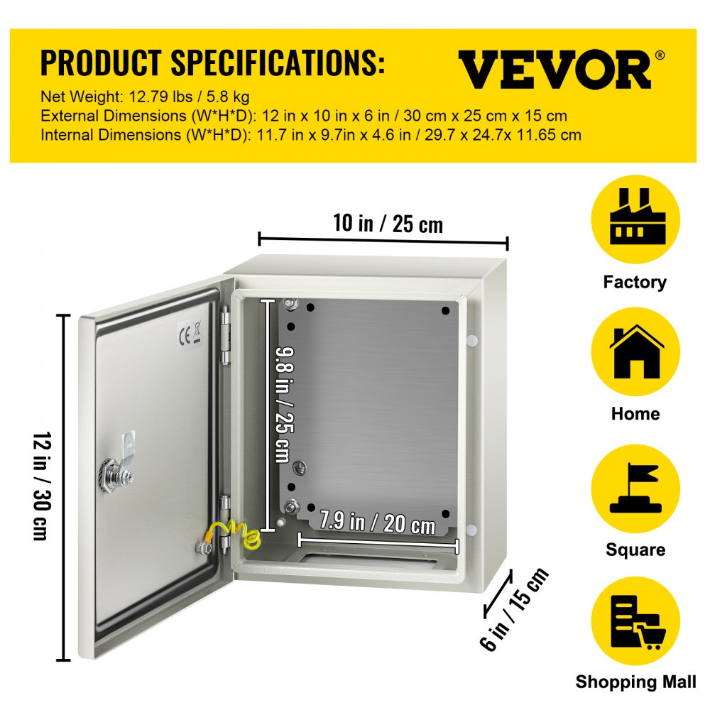 VEVOR NEMA Steel Enclosure, 12 x 10 x 6\'\' NEMA 4X Steel Electrical Box, IP66 Waterproof & Dustproof, Outdoor/Indoor Electrical Junction Box, with Mounting Plate