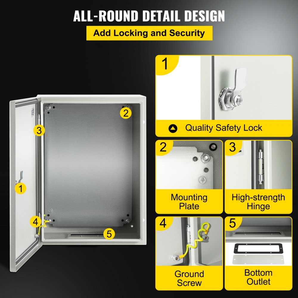 VEVOR Carbon Steel Electrical Box, 16x12x6 inches, Hinged Cover, IP66 Waterproof & Dust Resistant, Suitable for Outdoor Use, Includes Mounting Plate
