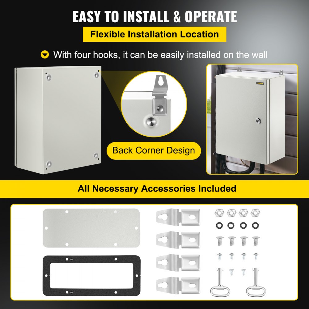 VEVOR Carbon Steel Electrical Box, 16x12x6 inches, Hinged Cover, IP66 Waterproof & Dust Resistant, Suitable for Outdoor Use, Includes Mounting Plate