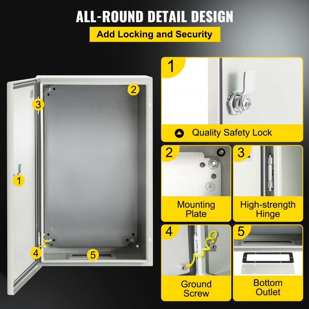 VEVOR NEMA Steel Enclosure, 20 x 12 x 10\'\' NEMA 4X Steel Electrical Box, IP66 Waterproof & Dustproof, Outdoor/Indoor Electrical Junction Box, with Mounting Plate