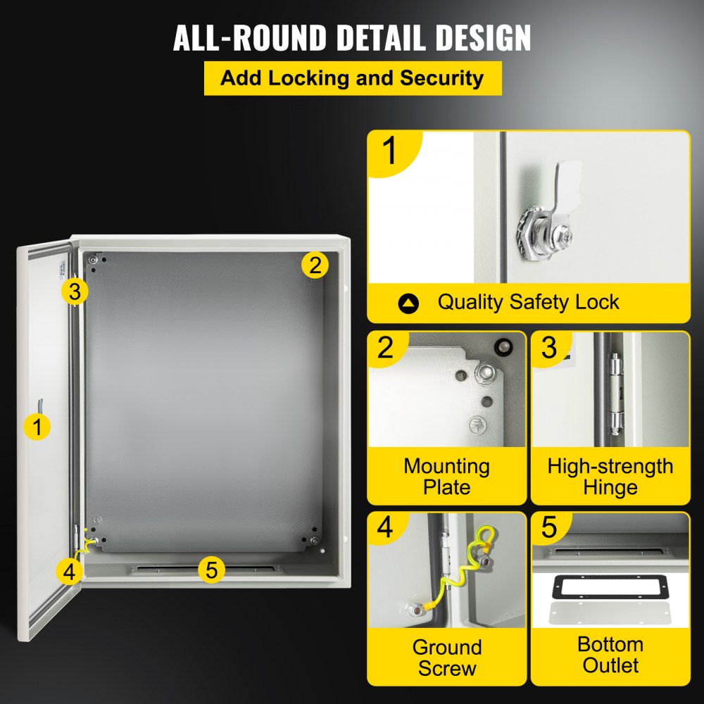 VEVOR NEMA Steel Case, 20x16x6'' NEMA 4X Metal Electric Enclosure, IP66 Water & Dust Resistant, Suitable for Both Outdoor/Indoor Use, Includes Mounting Plate