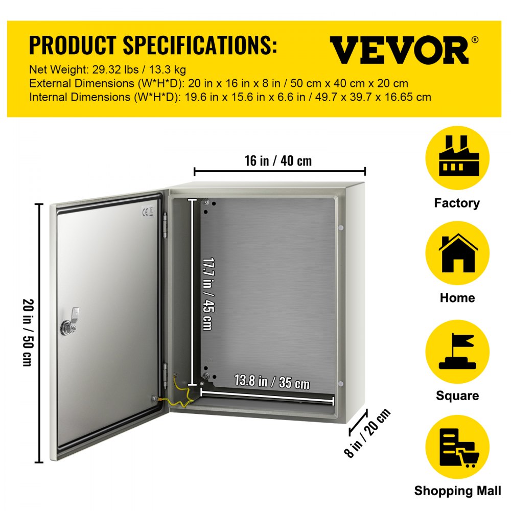 VEVOR NEMA Steel Case, 20x16x8'' NEMA 4X Metal Electric Enclosure, IP66 Water & Dust Resistant, Suitable for Both Outdoor & Indoor Use, Includes Mounting Plate