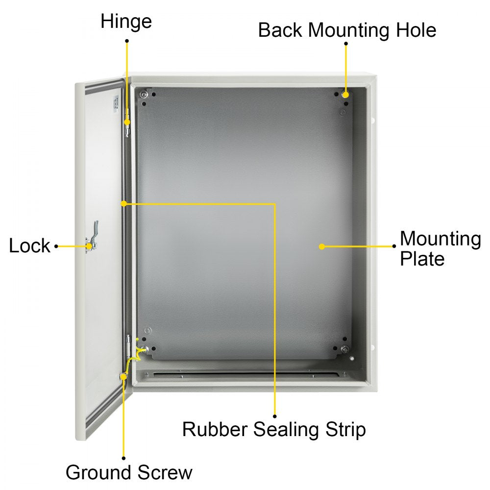 VEVOR NEMA Steel Case, 20x16x8'' NEMA 4X Metal Electric Enclosure, IP66 Water & Dust Resistant, Suitable for Both Outdoor & Indoor Use, Includes Mounting Plate