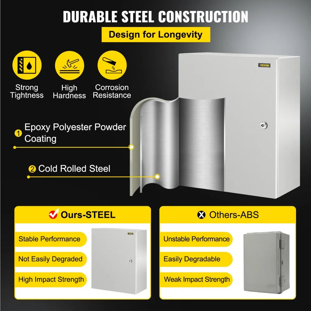 VEVOR NEMA Steel Enclosure, 20 x 16 x 10\'\' NEMA 4X Steel Electrical Box, IP66 Waterproof & Dustproof, Outdoor/Indoor Electrical Junction Box, with Mounting Plate
