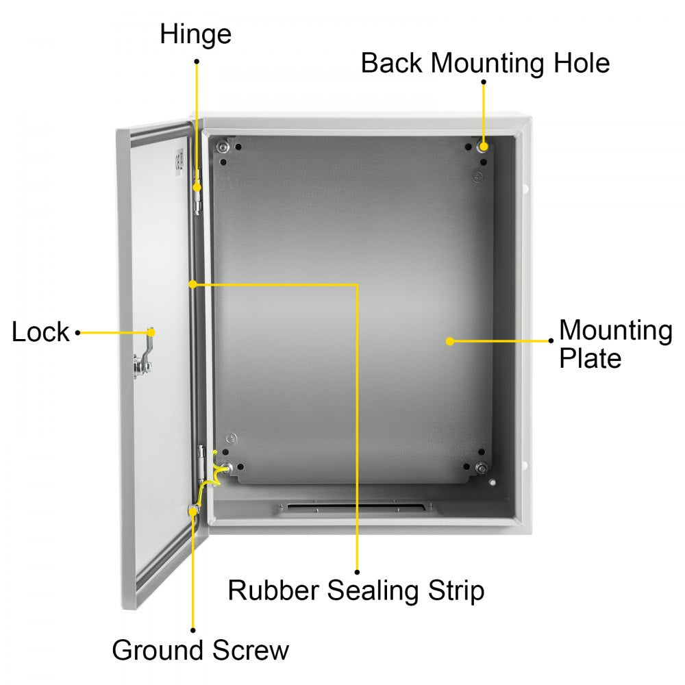 VEVOR NEMA Steel Enclosure, 20 x 16 x 10\'\' NEMA 4X Steel Electrical Box, IP66 Waterproof & Dustproof, Outdoor/Indoor Electrical Junction Box, with Mounting Plate