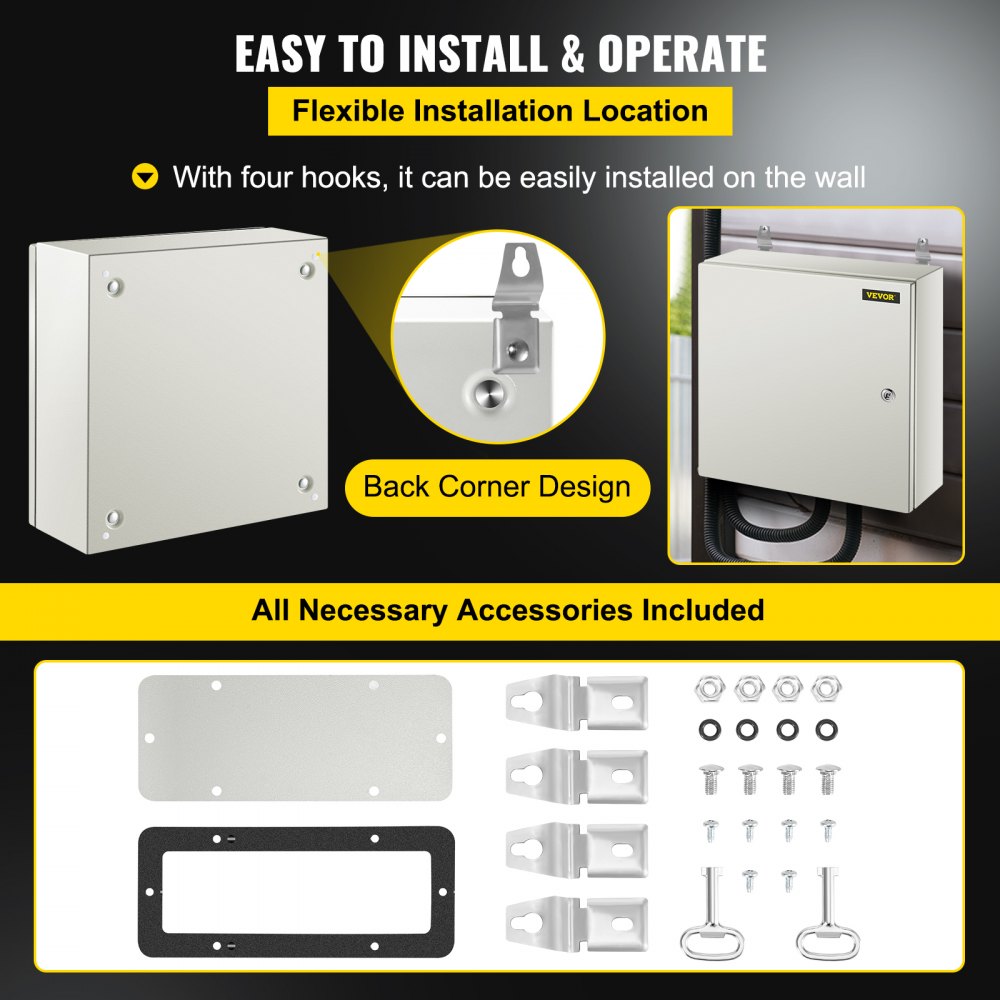 VEVOR NEMA Steel Enclosure, 20 x 20 x 6\'\' NEMA 4X Steel Electrical Box, IP66 Waterproof & Dustproof, Outdoor/Indoor Electrical Junction Box, with Mounting Plate