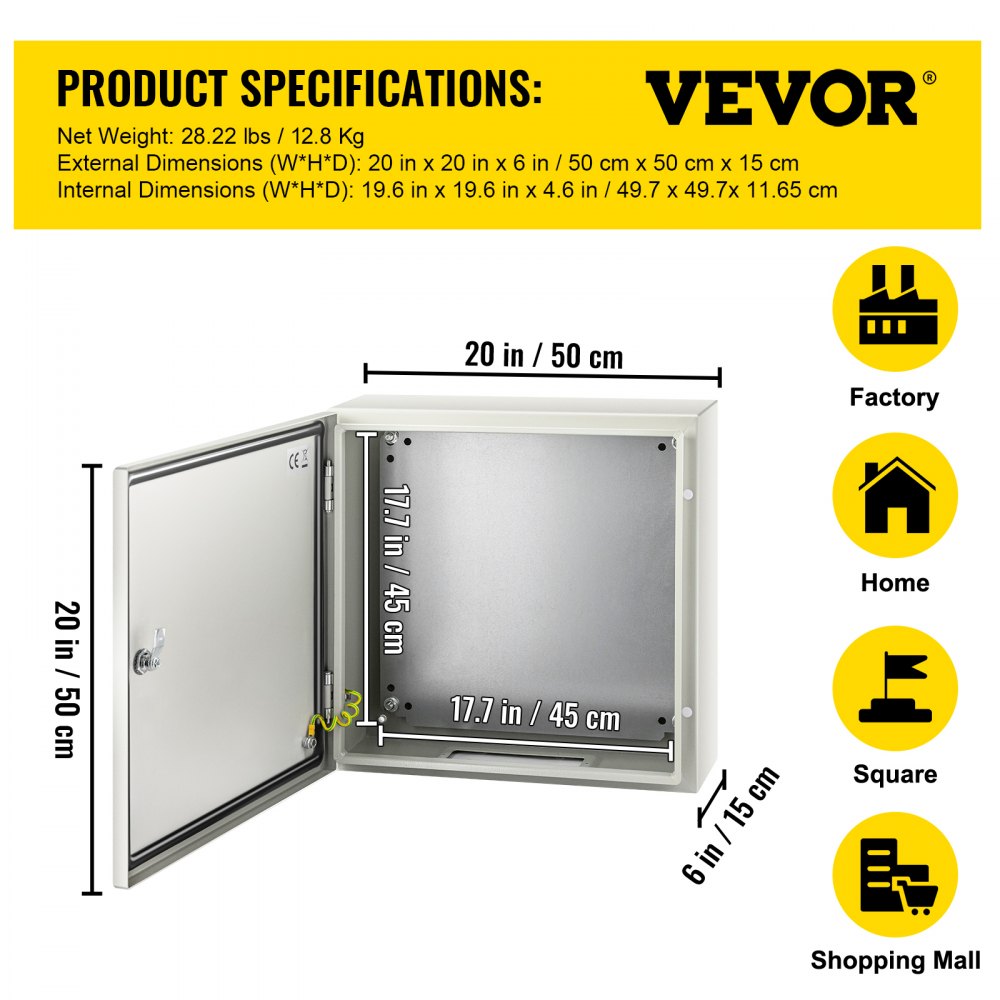 VEVOR NEMA Steel Enclosure, 20 x 20 x 6\'\' NEMA 4X Steel Electrical Box, IP66 Waterproof & Dustproof, Outdoor/Indoor Electrical Junction Box, with Mounting Plate