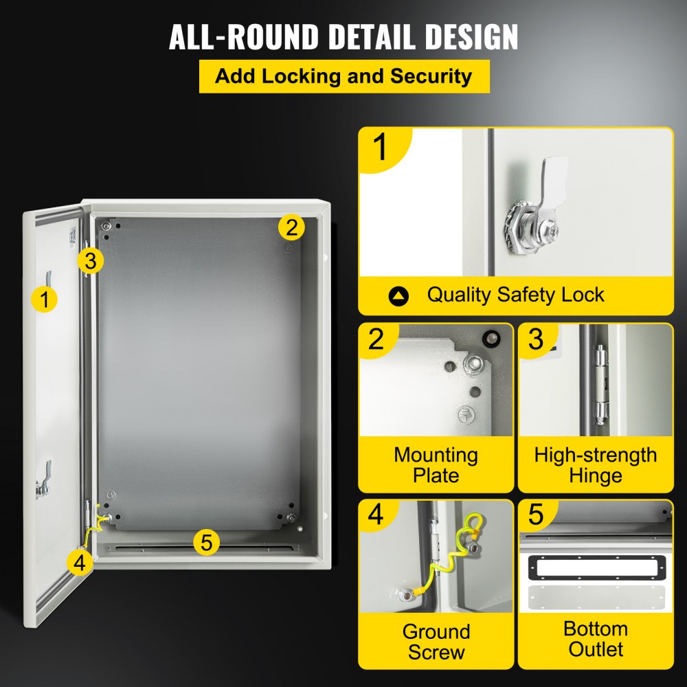 VEVOR NEMA Steel Enclosure, 24 x 16 x 10\'\' NEMA 4X Steel Electrical Box, IP66 Waterproof & Dustproof, Outdoor/Indoor Electrical Junction Box, with Mounting Plate