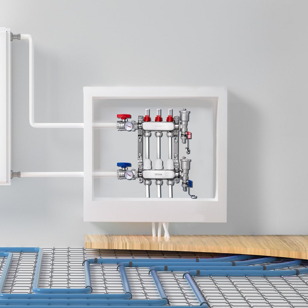 VEVOR 3-Branch Radiant Heat Manifold, 1/2" PEX Tubing Manifold, Stainless Steel PEX Manifold for Hydronic Radiant Floor Heating, Radiant Heat PEX Manifold Kit with 1/2" Adapters Included