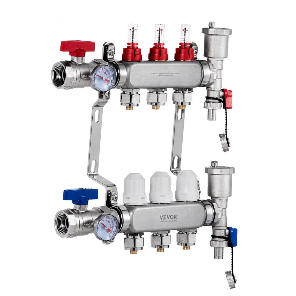VEVOR 3-Branch Radiant Heat Manifold, 1/2" PEX Tubing Manifold, Stainless Steel PEX Manifold for Hydronic Radiant Floor Heating, Radiant Heat PEX Manifold Kit with 1/2" Adapters Included