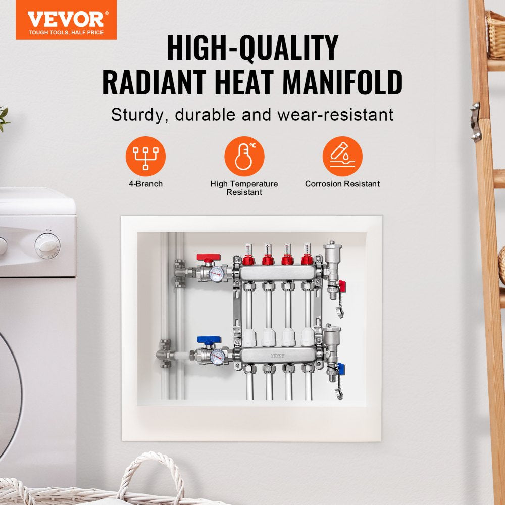 VEVOR 4-Branch Radiant Heat Manifold, 1/2" PEX Tubing Manifold, Stainless Steel PEX Manifold for Hydronic Radiant Floor Heating, Radiant Heat PEX Manifold Kit with 1/2" Adapters Included