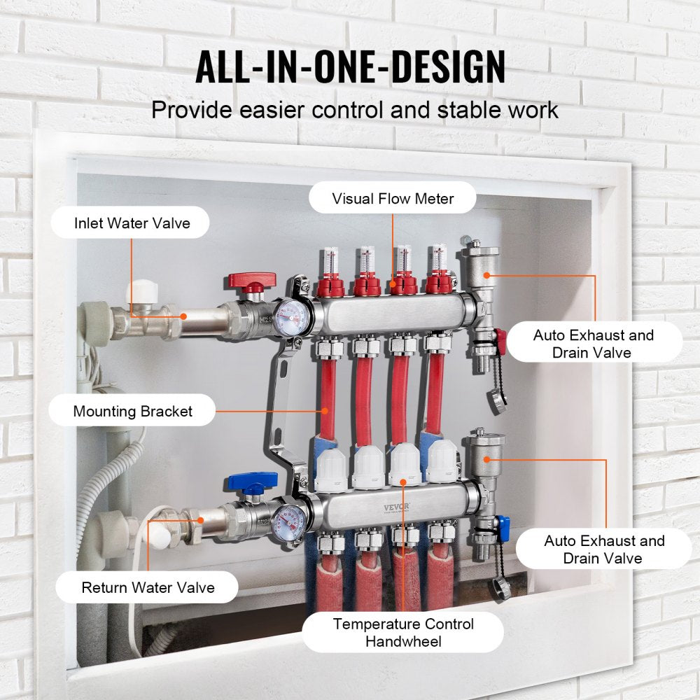VEVOR 4-Branch Radiant Heat Manifold, 1/2" PEX Tubing Manifold, Stainless Steel PEX Manifold for Hydronic Radiant Floor Heating, Radiant Heat PEX Manifold Kit with 1/2" Adapters Included
