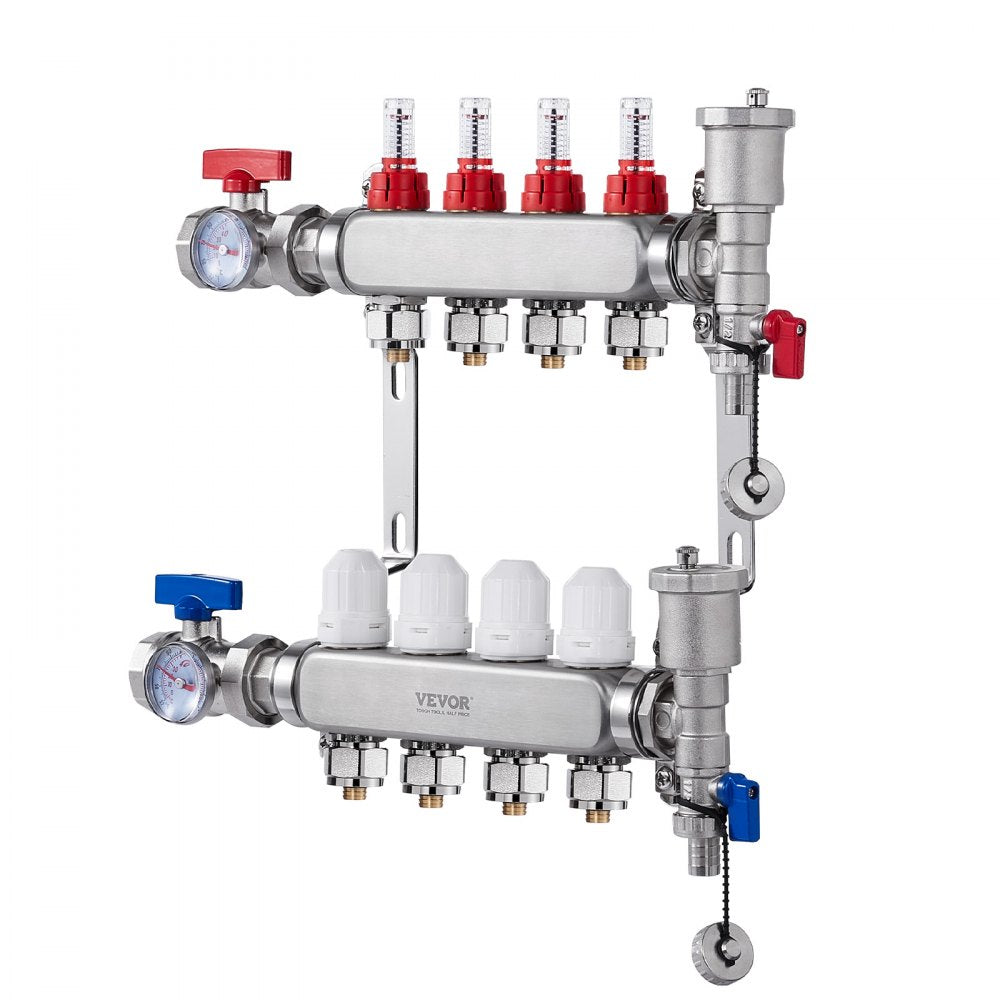 VEVOR 4-Branch Radiant Heat Manifold, 1/2" PEX Tubing Manifold, Stainless Steel PEX Manifold for Hydronic Radiant Floor Heating, Radiant Heat PEX Manifold Kit with 1/2" Adapters Included