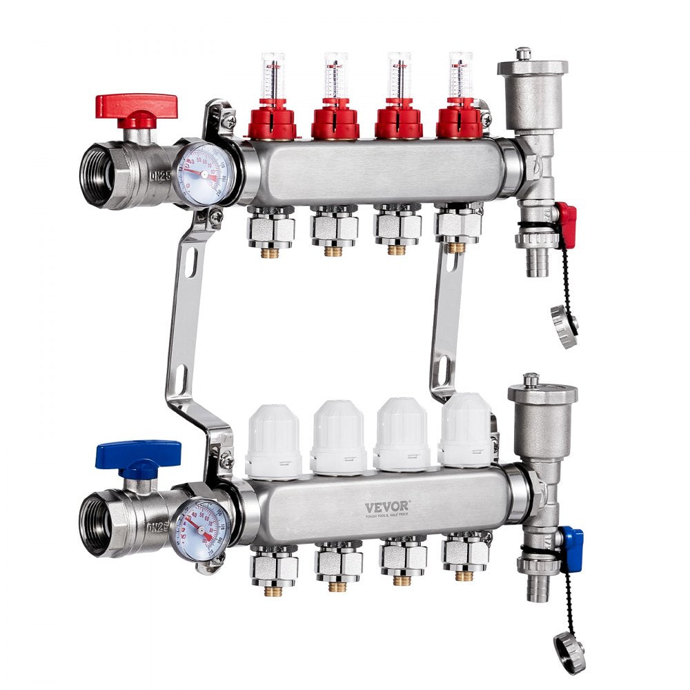 VEVOR 4-Branch Radiant Heat Manifold, 1/2" PEX Tubing Manifold, Stainless Steel PEX Manifold for Hydronic Radiant Floor Heating, Radiant Heat PEX Manifold Kit with 1/2" Adapters Included