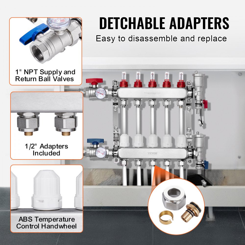 VEVOR 5-Branch Radiant Heat Manifold, 1/2" PEX Tubing Manifold, Stainless Steel PEX Manifold for Hydronic Radiant Floor Heating, Radiant Heat PEX Manifold Kit with 1/2" Adapters Included