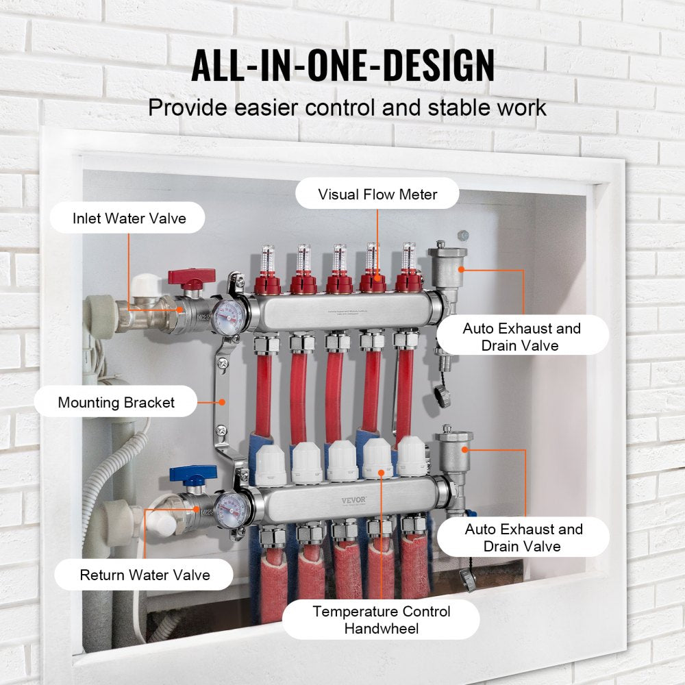 VEVOR 5-Branch Radiant Heat Manifold, 1/2" PEX Tubing Manifold, Stainless Steel PEX Manifold for Hydronic Radiant Floor Heating, Radiant Heat PEX Manifold Kit with 1/2" Adapters Included